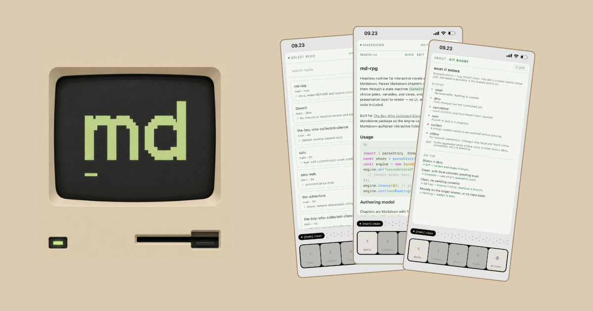 DownIt app preview - reading and editing Markdown from a GitHub repo