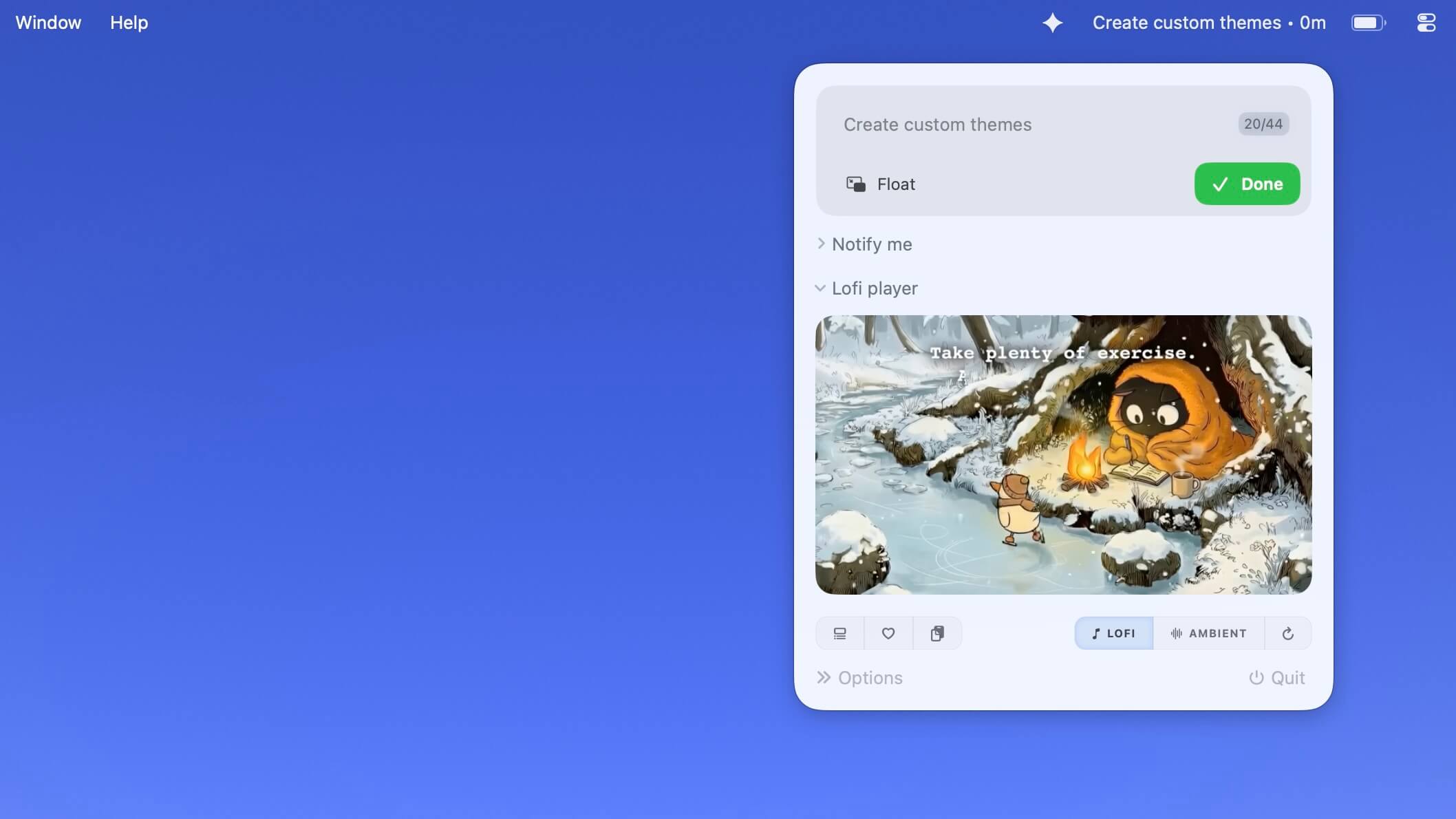Satu macOS application interface with focus timer and lofi music player